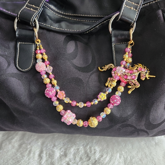 Pink and Gold Unicorn Beaded Purse Charm Bag Charm Chain - Picture 1 of 7
